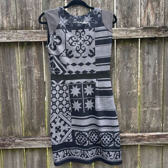 Desigual Printed Black Gray Bodycon Dress Medium - Picture 7 of 7